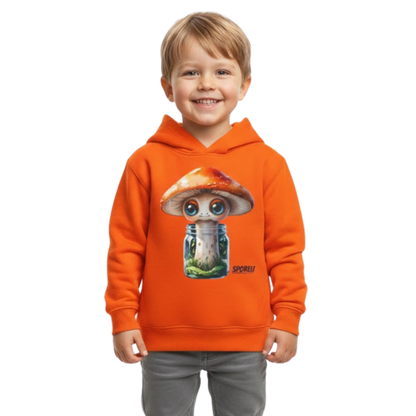 Sporeli Toddler Hoodie | Mushroom in a Jar | Paddle Frogs™ Orange on a transparent background