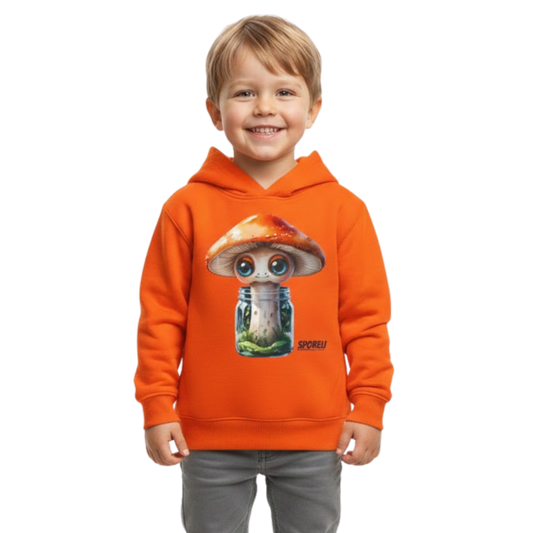 Sporeli Toddler Hoodie | Mushroom in a Jar | Paddle Frogs™ Orange on a transparent background