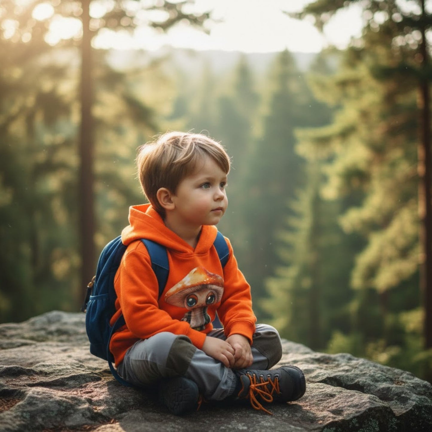 Sporeli Toddler Hoodie | Mushroom in a Jar | Paddle Frogs™ Orange sitting crisscross applesauce at the overlook in the forest