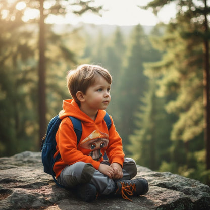 Sporeli Toddler Hoodie | Mushroom in a Jar | Paddle Frogs™ Orange sitting crisscross applesauce at the overlook in the forest
