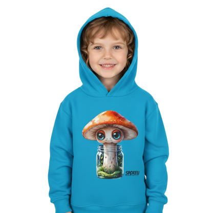Sporeli Toddler Hoodie | Mushroom in a Jar | Paddle Frogs™ Turquoise blue on a transparent background