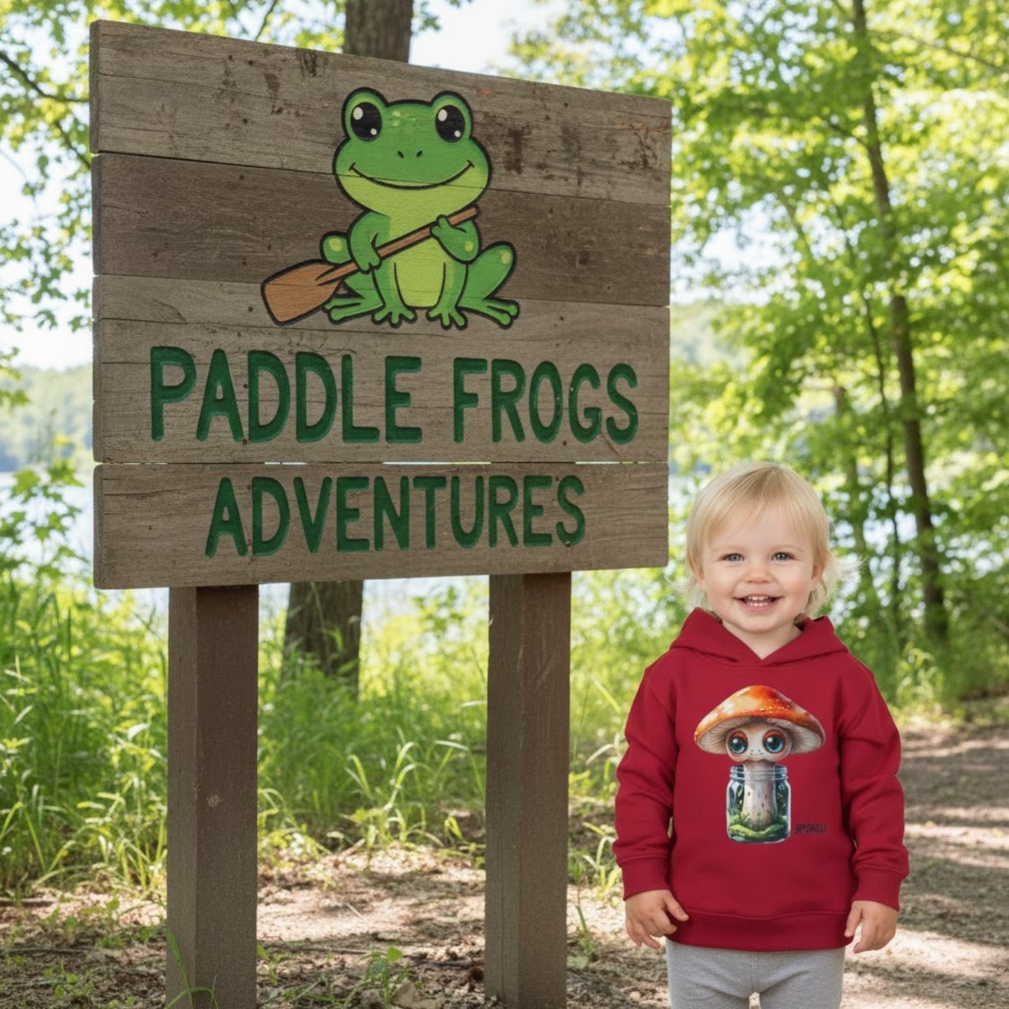 Child in a red hoodie with a mushroom design standing next to a 'Paddle Frogs Adventures' sign in a forest.
