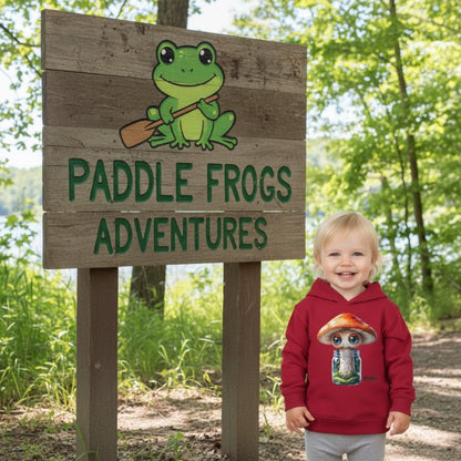 Child in a red hoodie with a mushroom design standing next to a 'Paddle Frogs Adventures' sign in a forest.