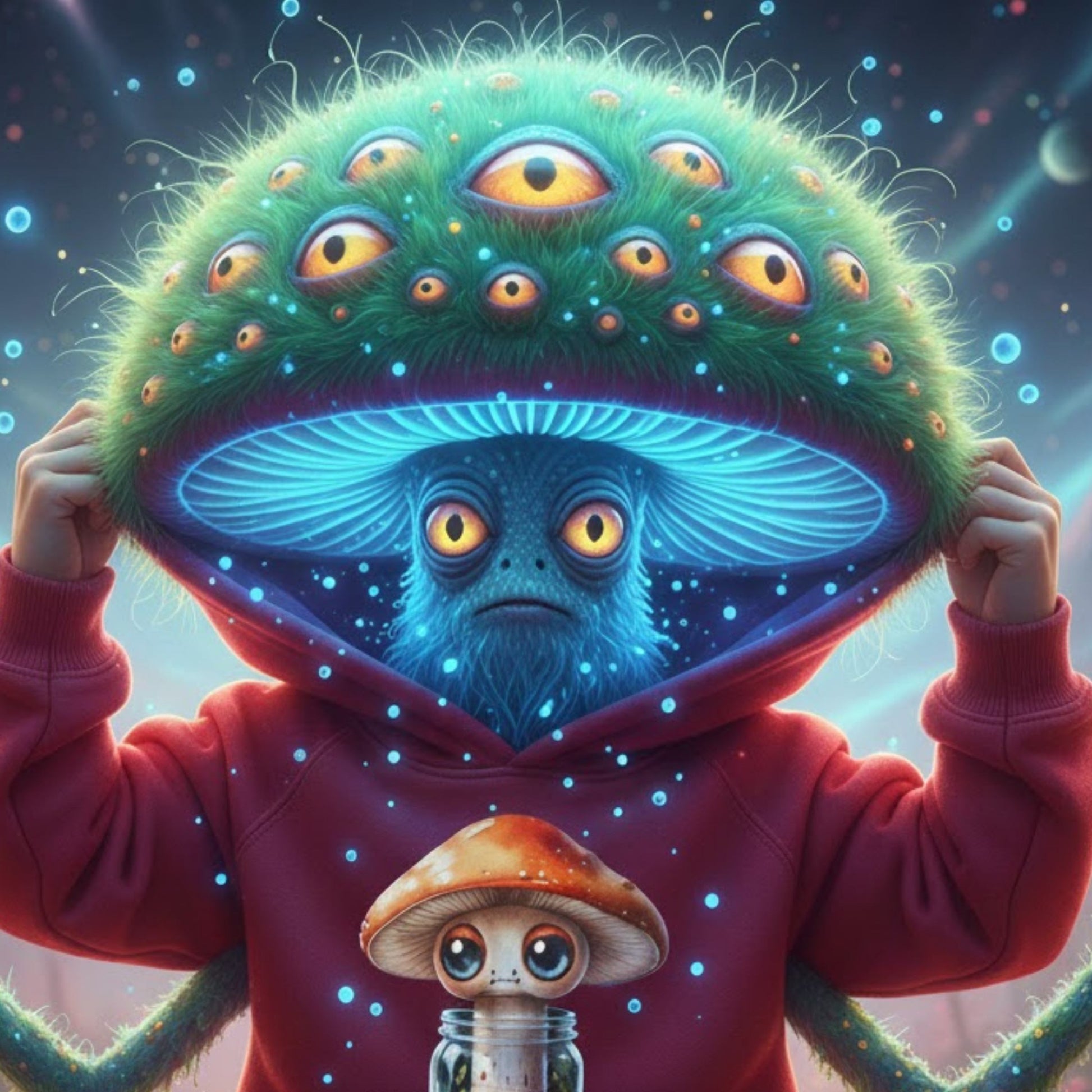 Person wearing a hoodie with a mushroom design, Sporeli Toddler Hoodie | Mushroom in a Jar | Paddle Frogs™ Vintage Red in a mystical theme warn by a fuzzy mushroom creature  a large green mushroom with multiple eyes.