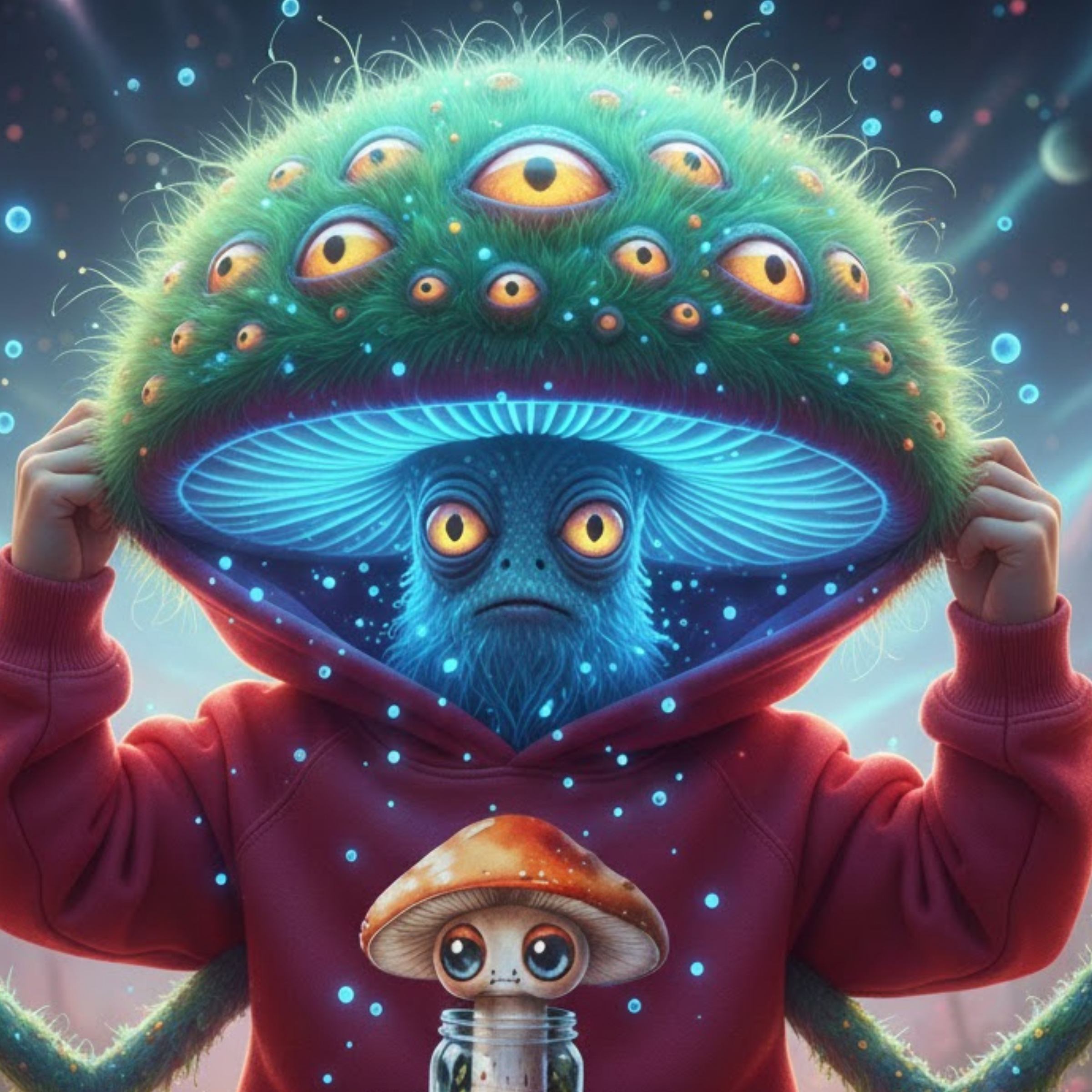 Person wearing a hoodie with a mushroom design, Sporeli Toddler Hoodie | Mushroom in a Jar | Paddle Frogs™ Vintage Red in a mystical theme warn by a fuzzy mushroom creature  a large green mushroom with multiple eyes.