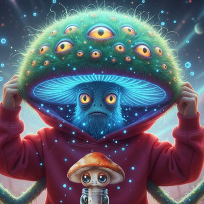Person wearing a hoodie with a mushroom design, Sporeli Toddler Hoodie | Mushroom in a Jar | Paddle Frogs™ Vintage Red in a mystical theme warn by a fuzzy mushroom creature  a large green mushroom with multiple eyes.