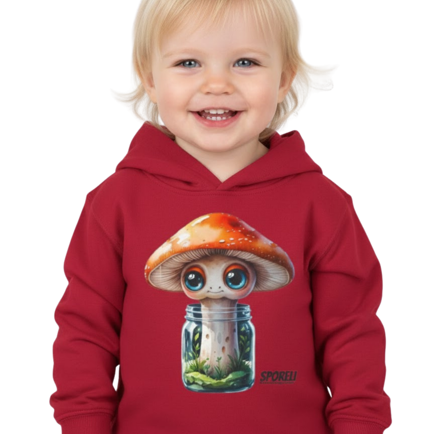 Sporeli Toddler Hoodie | Mushroom in a Jar | Paddle Frogs™ Vintage Red on a transparent background