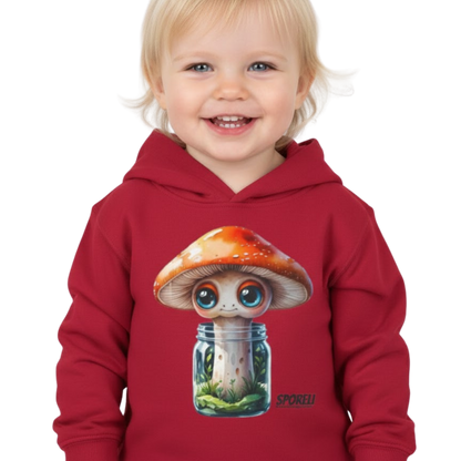 Sporeli Toddler Hoodie | Mushroom in a Jar | Paddle Frogs™ Vintage Red on a transparent background