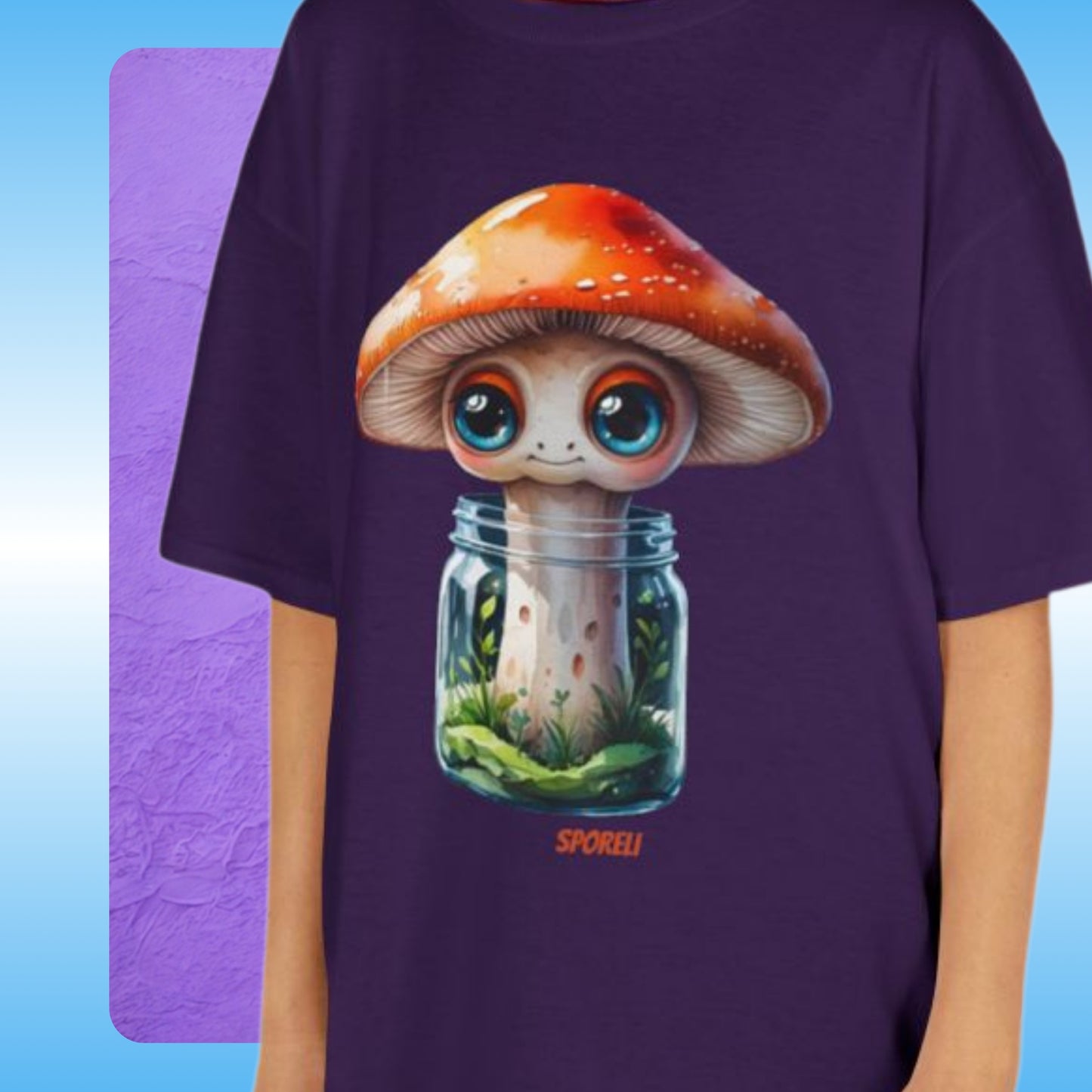 Sporeli Youth Tee T-shirt in purple with a young mushroom young lady wearing the mushroom in a jar unisex top