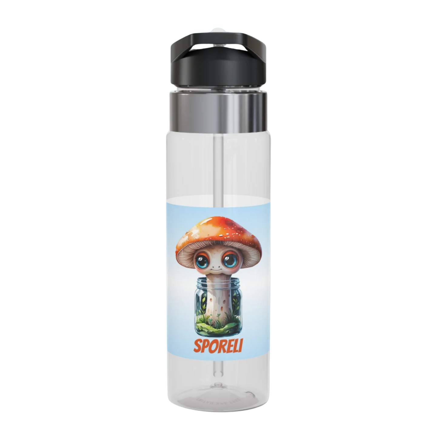 Sporeli mushroom in a jar 20oz Clear water bottle with a cartoon mushroom design and 'Sporeli' branding on a white background