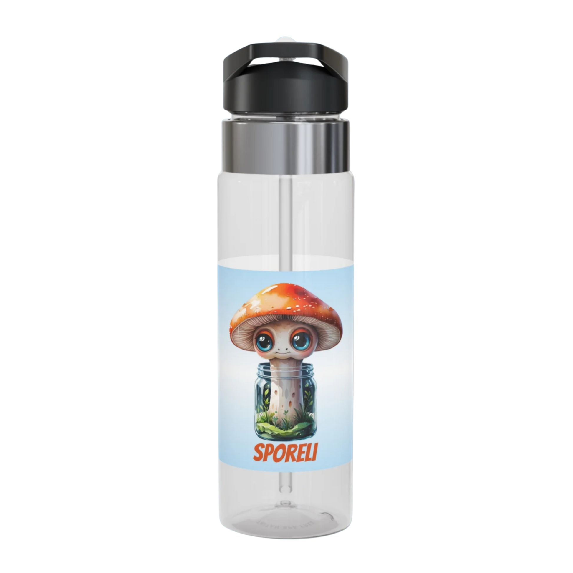 Sporeli mushroom in a jar 20oz Clear water bottle with a cartoon mushroom design and 'Sporeli' branding on a white background