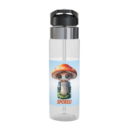 Sporeli mushroom in a jar 20oz Clear water bottle with a cartoon mushroom design and 'Sporeli' branding on a white background