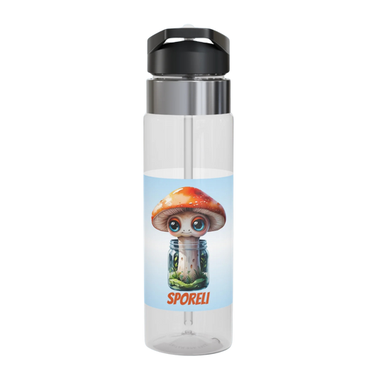 Sporeli mushroom in a jar 20oz Clear water bottle with a cartoon mushroom design and 'Sporeli' branding on a white background