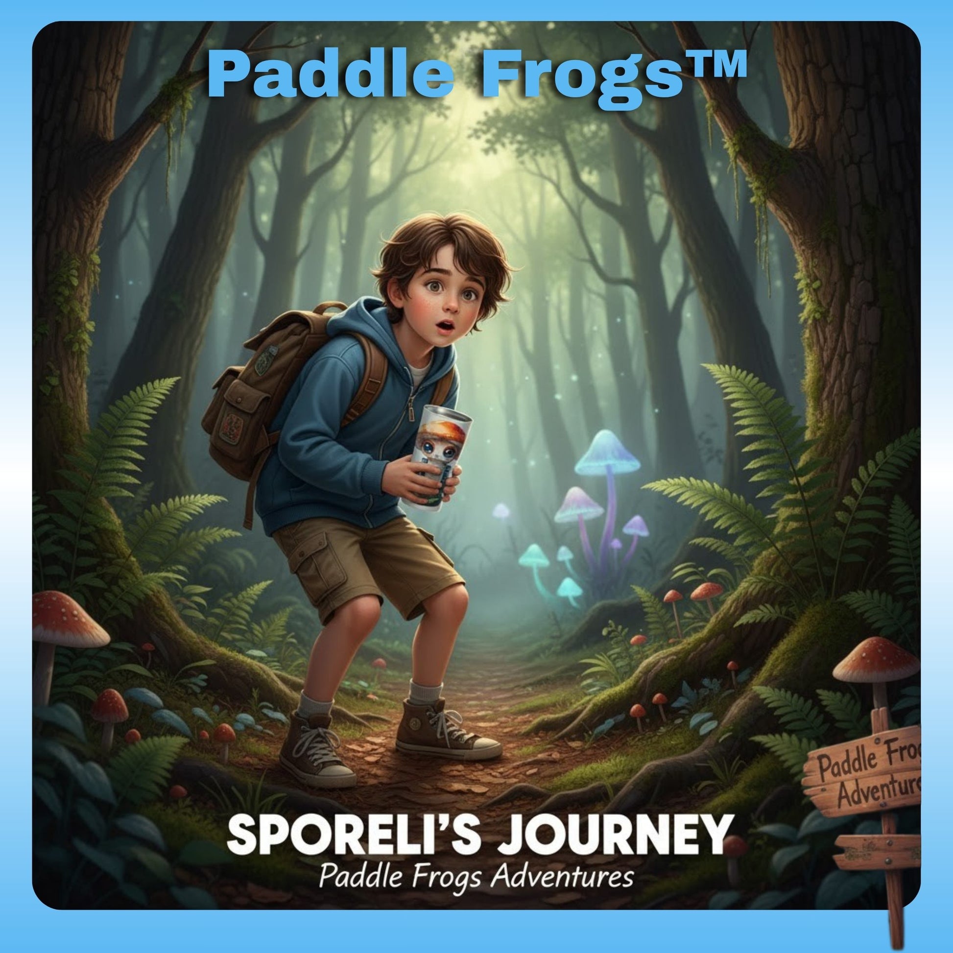 Sporeli (mushroom in a jar) adventures found Stainless Steel Tumbler Mushroom Forest | Paddle Frogs - Illustration of a young boy in a forest with 'Paddle Frogs' branding.