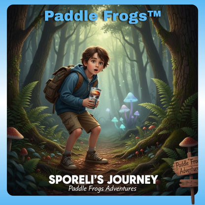 Sporeli (mushroom in a jar) adventures found Stainless Steel Tumbler Mushroom Forest | Paddle Frogs - Illustration of a young boy in a forest with 'Paddle Frogs' branding.