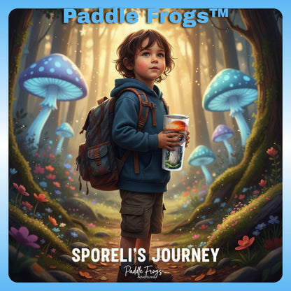Sporeli (mushroom in a jar) with child Stainless Steel Tumbler Mushroom Forest | Paddle Frogs - Illustration of a child in a forest with colorful mushrooms and flowers, holding a can labeled 'Paddle Frogs'.