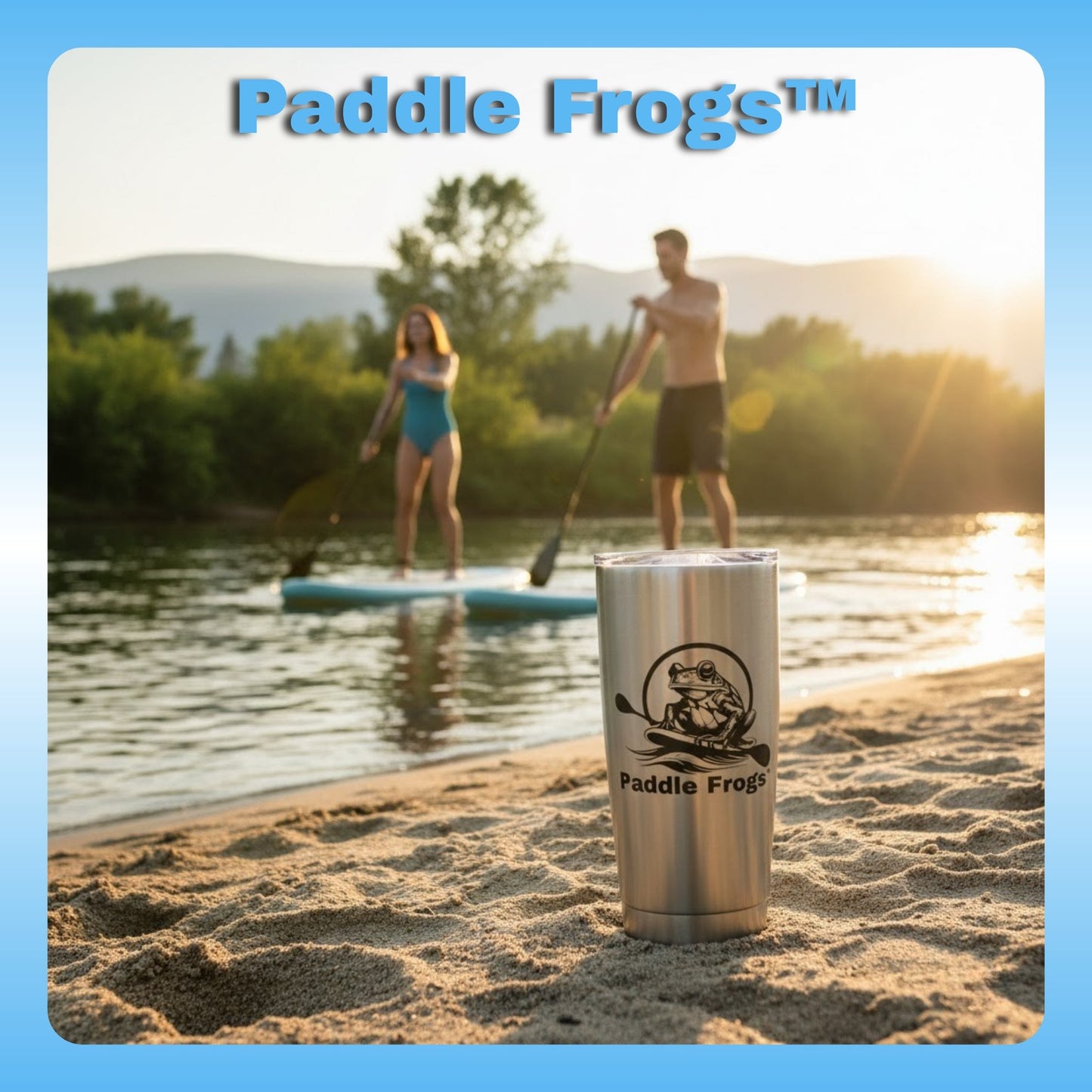 Paddle Frogs™ Stainless steel tumbler with 'Paddle Frogs' logo on a beach with people paddleboarding in the background.