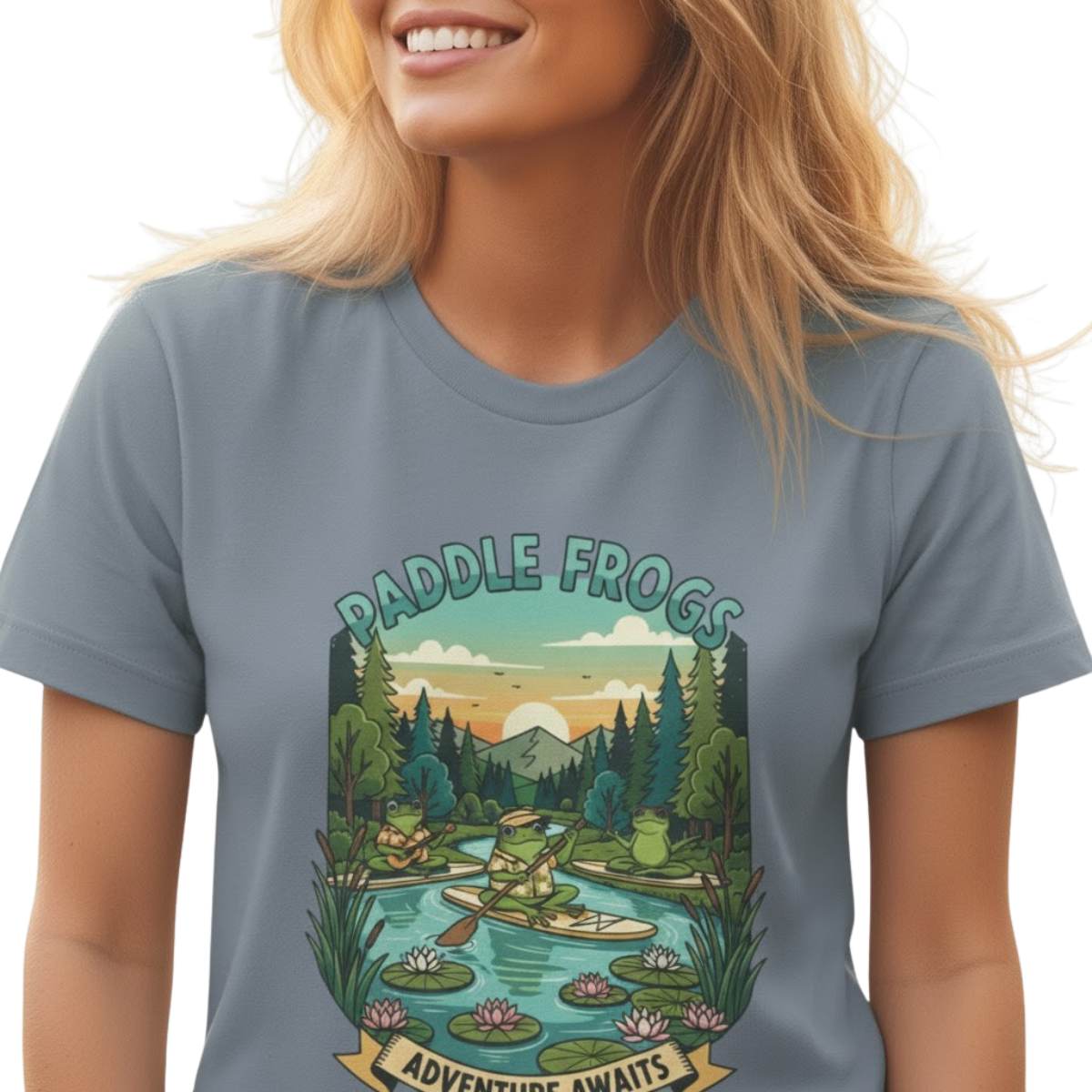 Stone Blue color | Adventure Awaits | Paddle Frogs: T-shirt on a transparent background