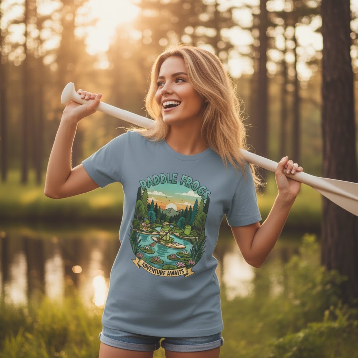 Stone Blue model with an oar at sunrise Adventure Awaits | Paddle Frogs: T-shirt