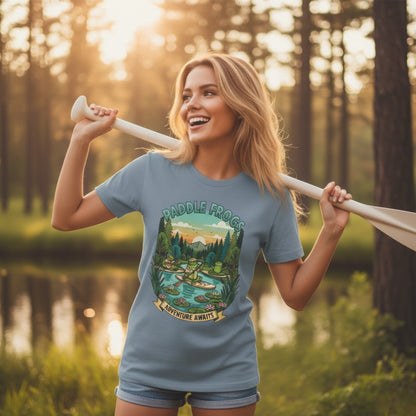 Stone Blue model with an oar at sunrise Adventure Awaits | Paddle Frogs: T-shirt