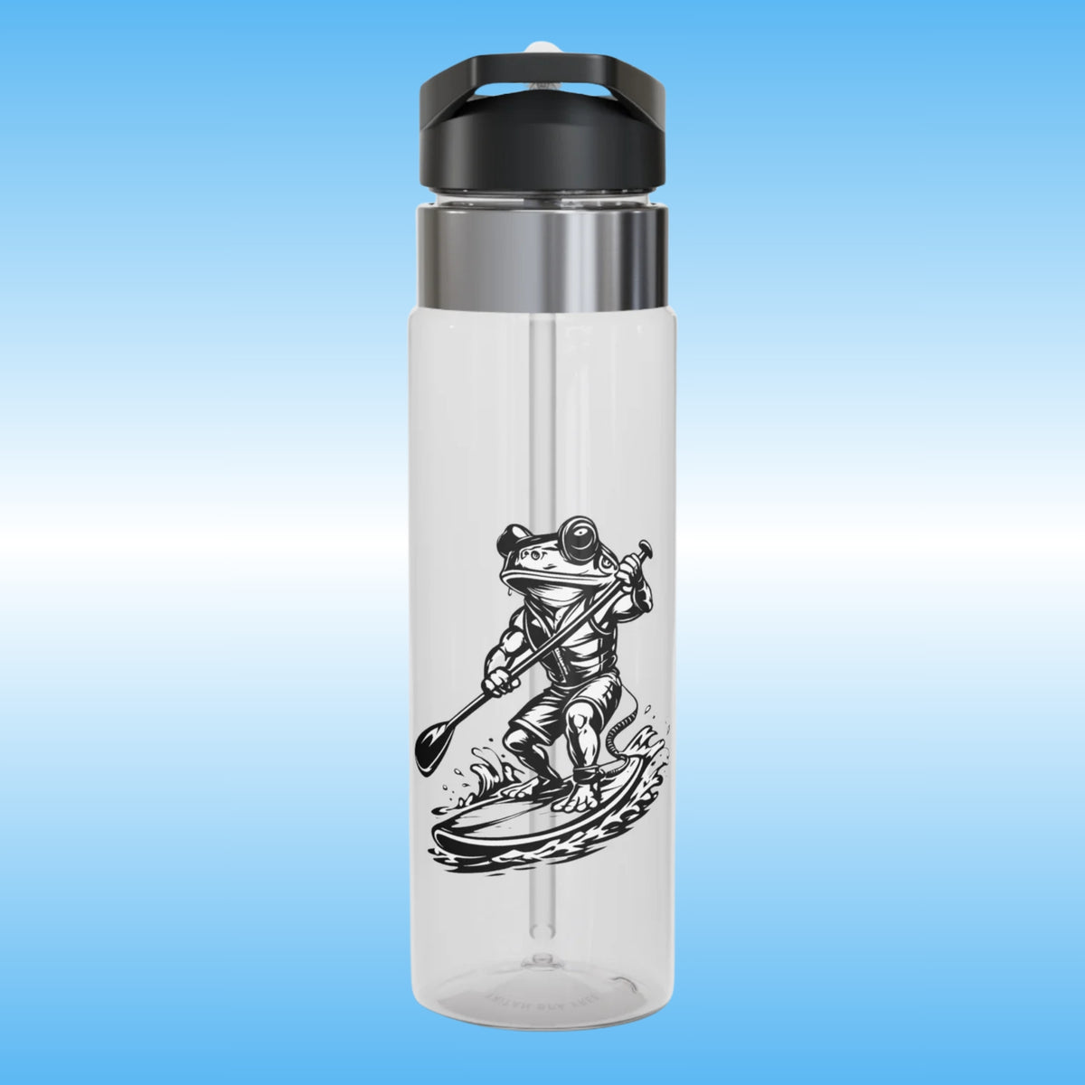 A clear plastic water bottle with a black flip-top lid and a silver collar, featuring a black graphic of a frog paddleboarding on the front, set against a blue gradient background.