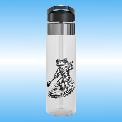 A clear plastic water bottle with a black flip-top lid and a silver collar, featuring a black graphic of a frog paddleboarding on the front, set against a blue gradient background.