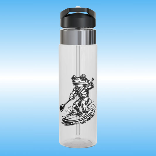 A clear plastic water bottle with a black flip-top lid and a silver collar, featuring a black graphic of a frog paddleboarding on the front, set against a blue gradient background.