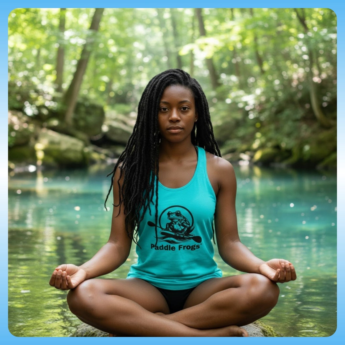 Summer Tank | Paddle Frogs™ Ladies' Fit - Solid Tahiti Blue color sitting crisscross applesauce