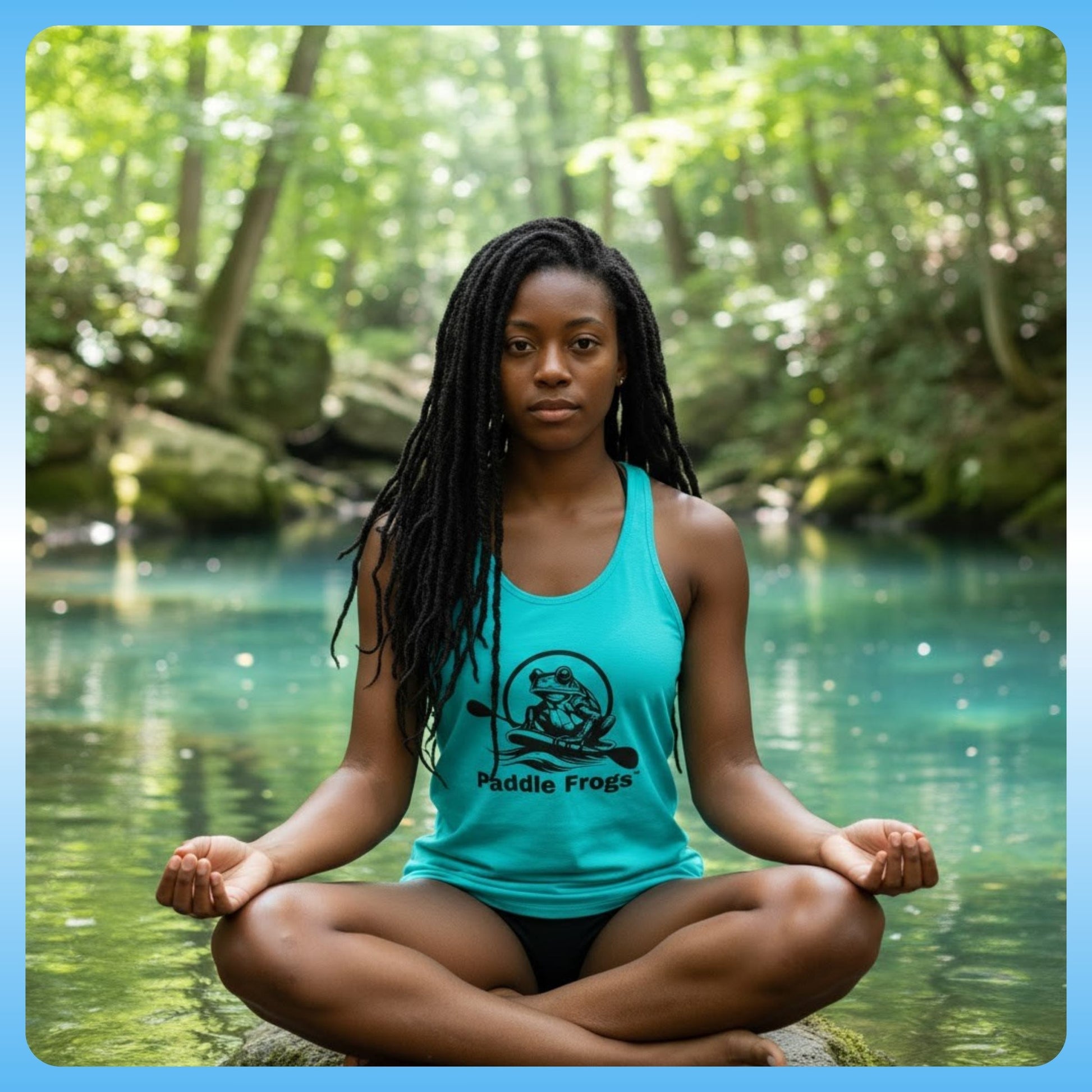 Summer Tank | Paddle Frogs™ Ladies' Fit - Solid Tahiti Blue color sitting crisscross applesauce