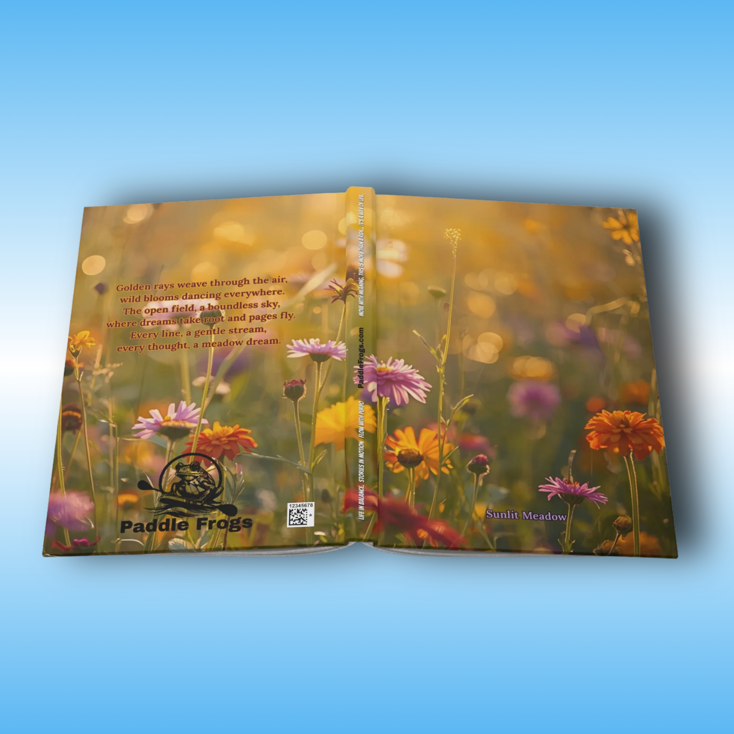 Sunlit Meadow - Paddle Frogs Journal - Hard Cover | Poetry, Art, Nature Inspired Hardcover Notebook for Writers, Inspirational Diary,  full front and back cover display | Open book with floral design and text on a blue background