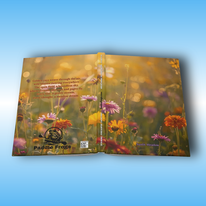 Sunlit Meadow - Paddle Frogs Journal - Hard Cover | Poetry, Art, Nature Inspired Hardcover Notebook for Writers, Inspirational Diary,  full front and back cover display | Open book with floral design and text on a blue background