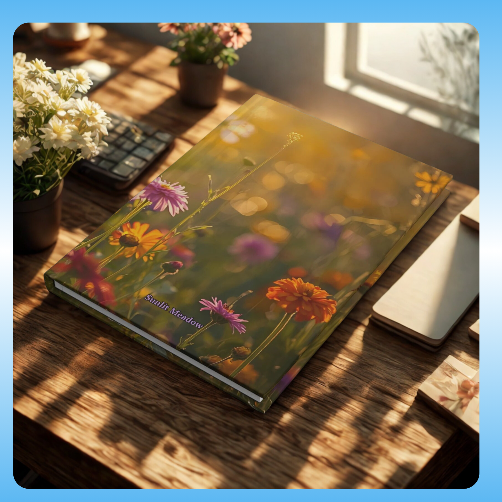 Sunlit Meadow - Paddle Frogs Journal - Hard Cover | Poetry, Art, Nature Inspired Hardcover Notebook for Writers, Inspirational Diary,  on a desk for perspective | Floral notebook on a wooden desk with sunlight casting shadows