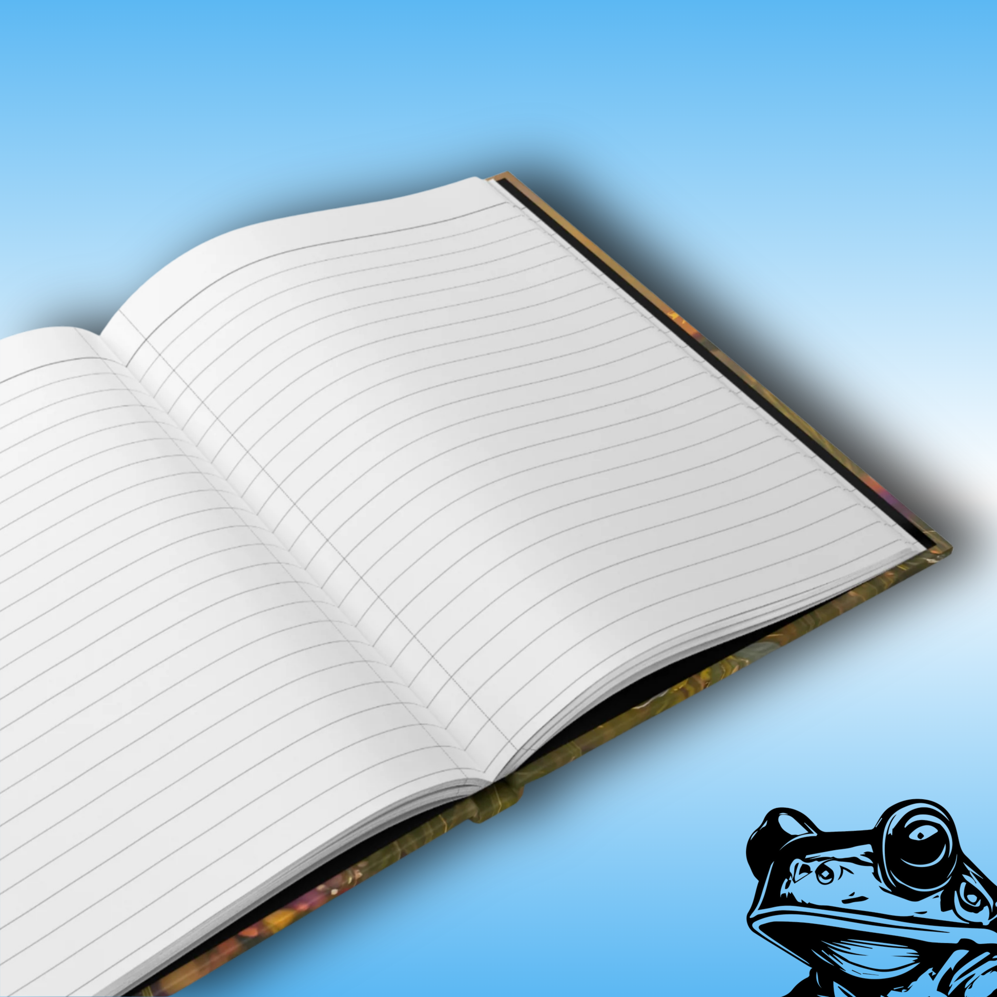 Sunlit Meadow - Paddle Frogs Journal - Hard Cover | Poetry, Art, Nature Inspired Hardcover Notebook for Writers, Inspirational Diary, open book display | Open notebook with lined pages on a blue background