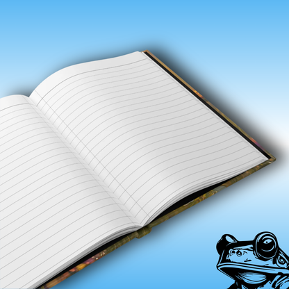 Sunlit Meadow - Paddle Frogs Journal - Hard Cover | Poetry, Art, Nature Inspired Hardcover Notebook for Writers, Inspirational Diary, open book display | Open notebook with lined pages on a blue background