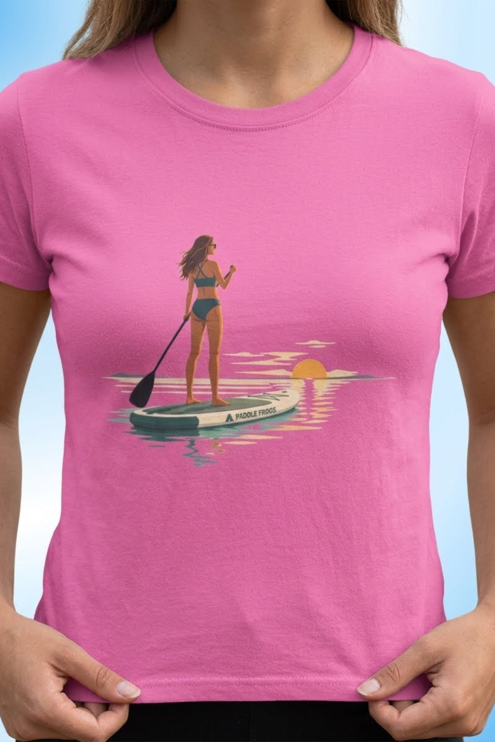Sunset Paddle Women's SUP Tee Lady paddleboarding sun setting low by Paddle Frogs Outdoor Gear color Azalea pink