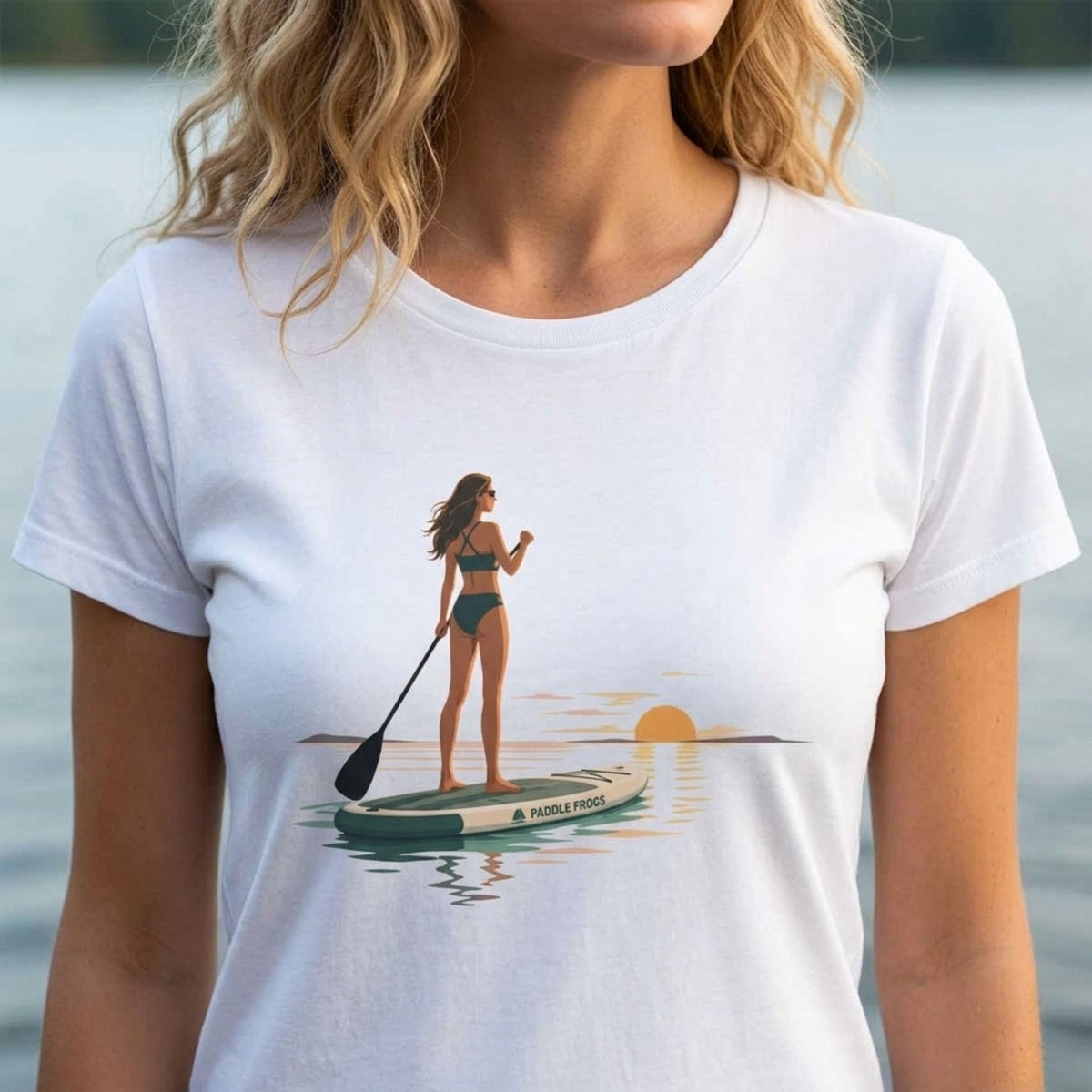 Sunset Paddle Women's SUP Tee Lady paddleboarding sun setting low by Paddle Frogs Outdoor Gear color white