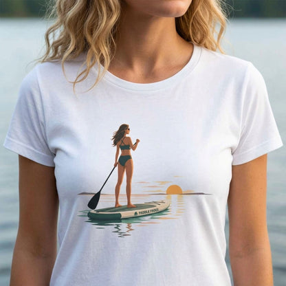 Sunset Paddle Women's SUP Tee Lady paddleboarding sun setting low by Paddle Frogs Outdoor Gear color white
