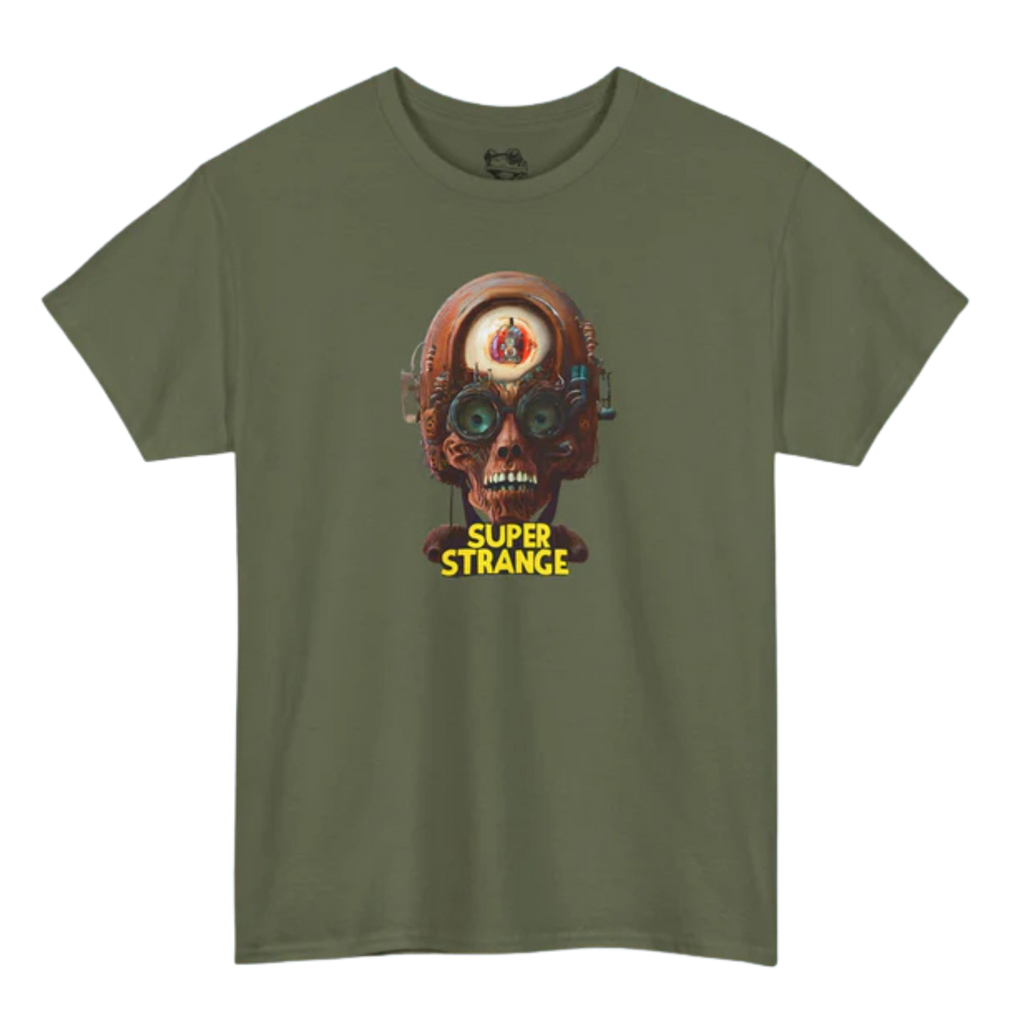 Green t-shirt with a graphic design of a helmeted character and 'Super Strange' text on a white background