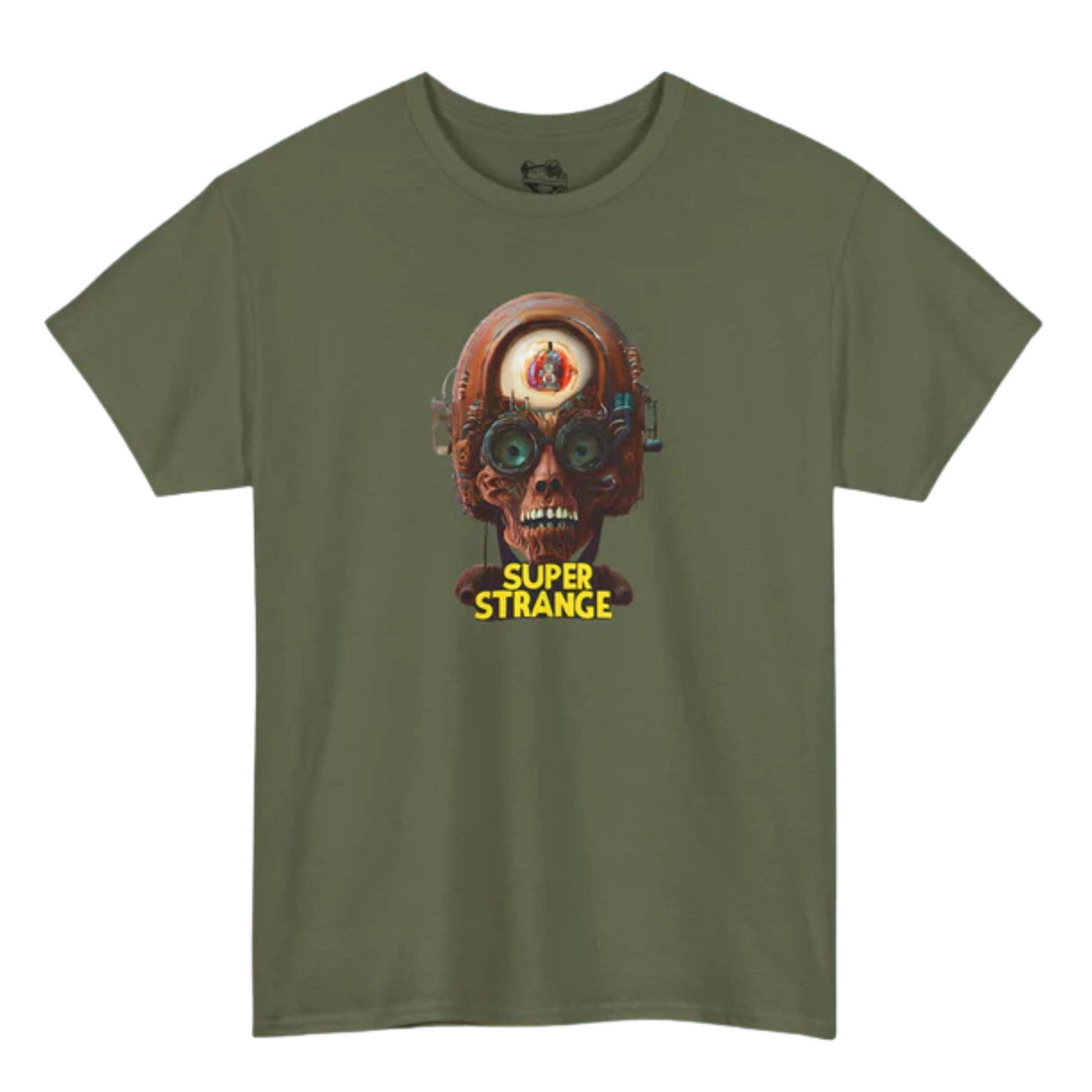 Green t-shirt with a graphic design of a helmeted character and 'Super Strange' text on a white background
