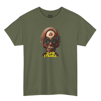 Green t-shirt with a graphic design of a helmeted character and 'Super Strange' text on a white background