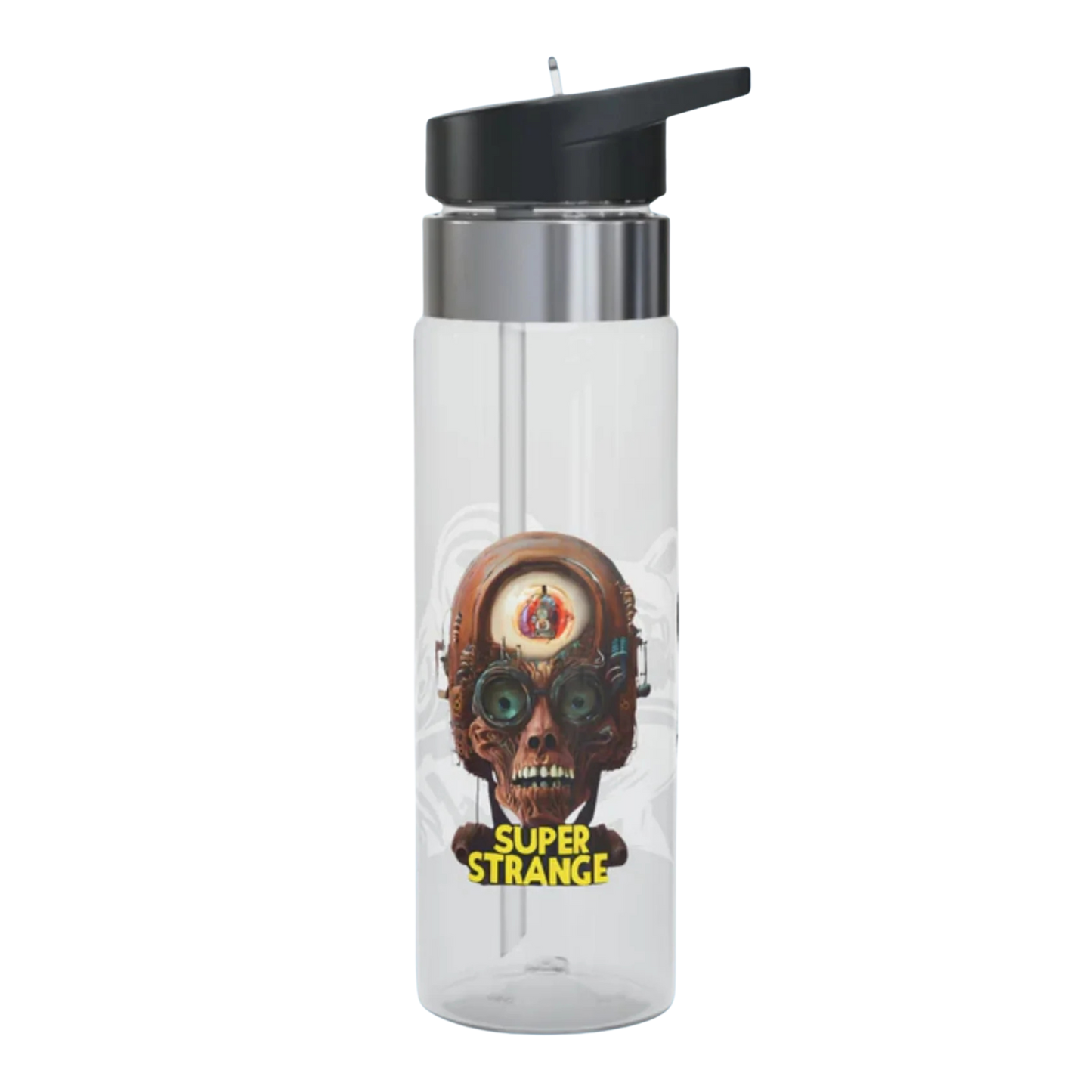 Super Strange 20oz Water Bottle | Clear Tritan™ | Mystical Adventure Hydration Clear water bottle with a character design and 'Super Strange' text on a white background