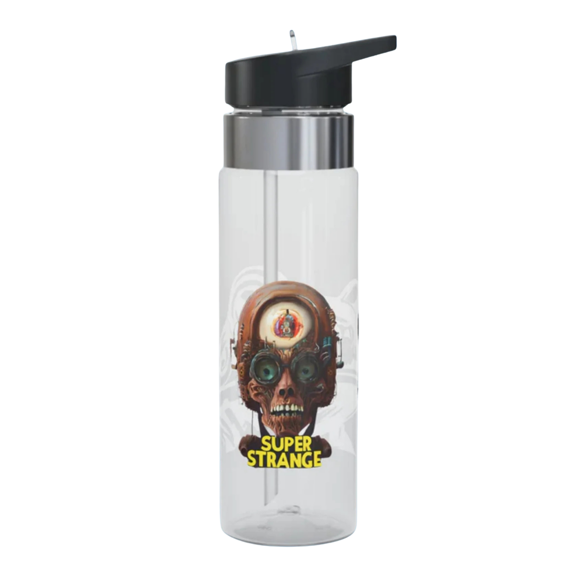 Super Strange 20oz Water Bottle | Clear Tritan™ | Mystical Adventure Hydration Clear water bottle with a character design and 'Super Strange' text on a white background