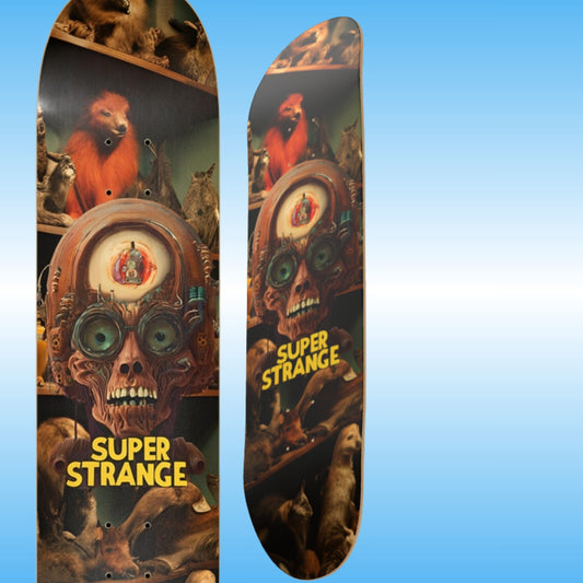 Skateboard deck with 'Super Strange' design featuring a skull robot and animals on a blue background