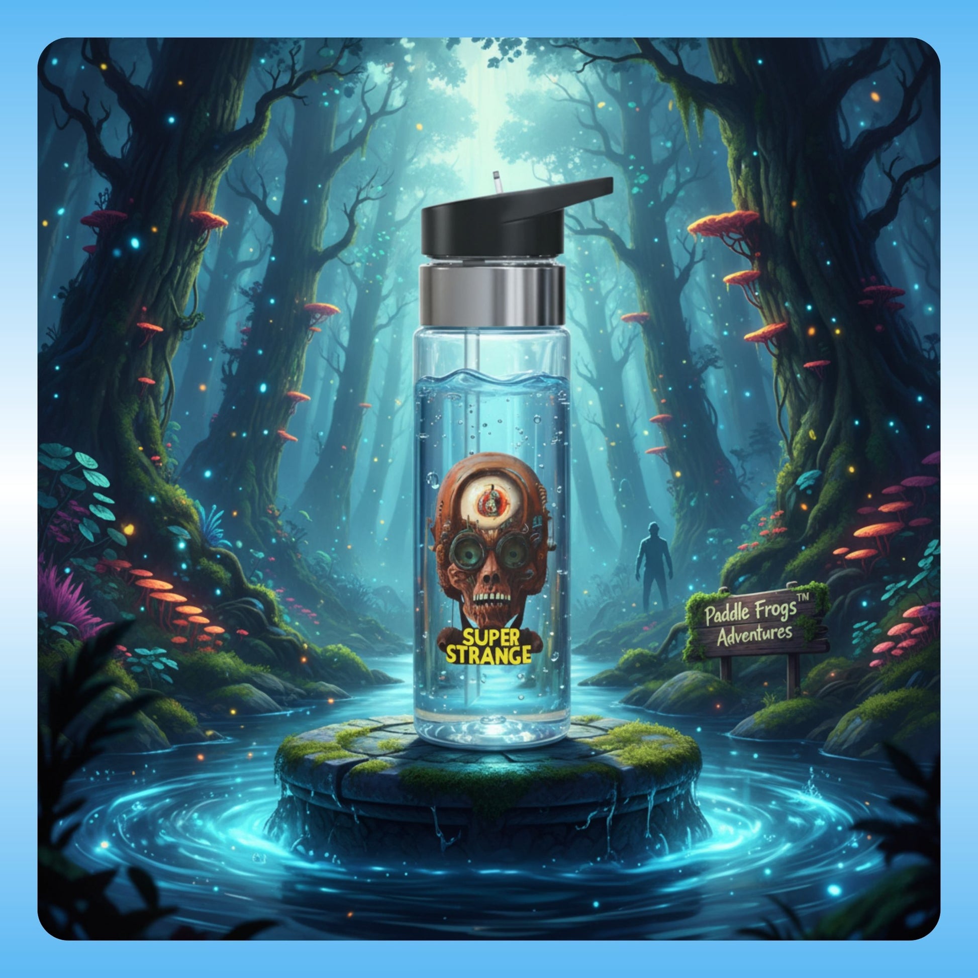 Paddle Frogs™ Super Strange 20oz clear Tritan™ water bottle. Spill-resistant & BPA-free for mystical adventures. Hydrate wisely!