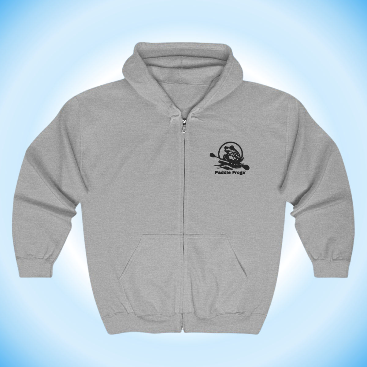 A light gray zip-up hoodie with a black 'Paddle Frogs' logo on the left chest, Super Strange | Full Zip Hooded Jacket Paddle Frogs™ skateboarder hoodie.