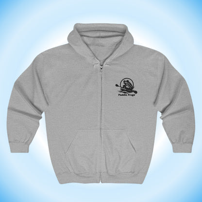 A light gray zip-up hoodie with a black 'Paddle Frogs' logo on the left chest, Super Strange | Full Zip Hooded Jacket Paddle Frogs™ skateboarder hoodie.