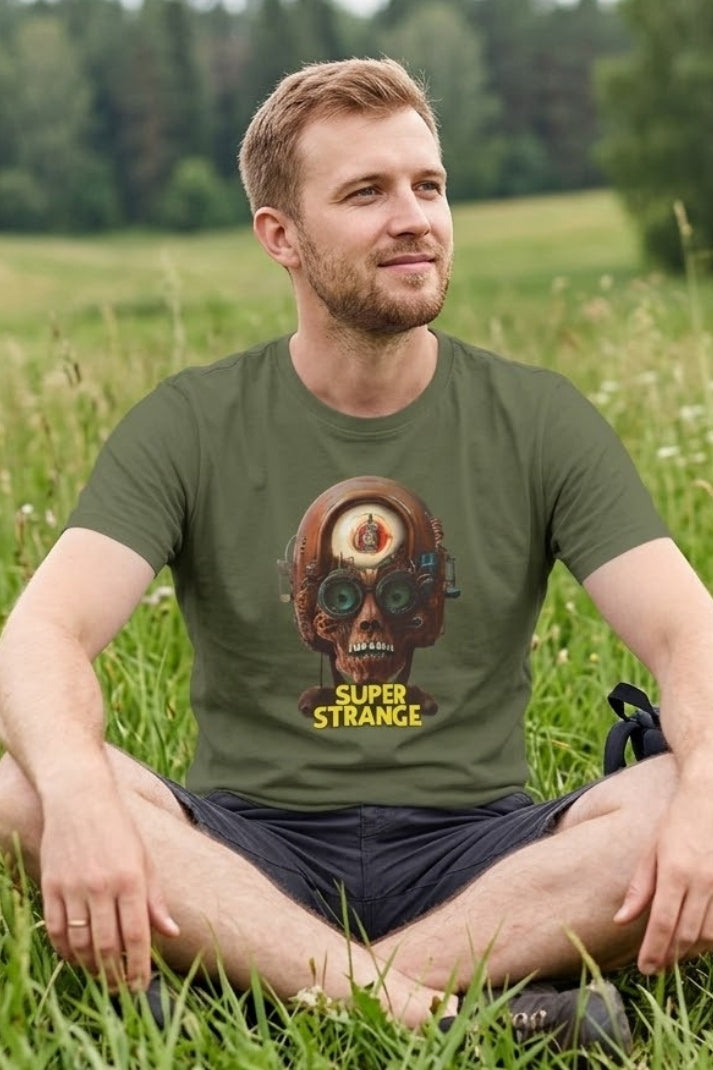A man sitting crisscross applesauce in a field wearing the Super Strange | T-Shirt for you by Paddle Frogs outdoor gear
