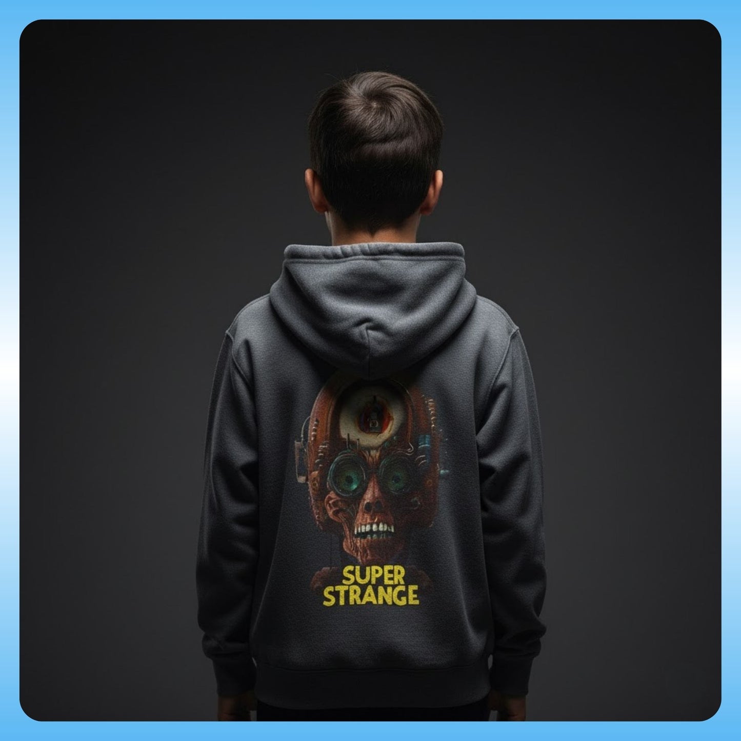 Person wearing a hoodie with 'Super Strange' design on the back against a dark background