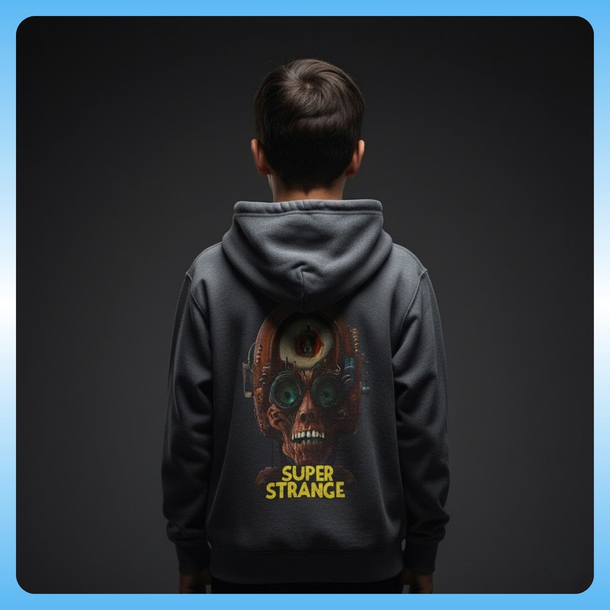 Person wearing a hoodie with 'Super Strange' design on the back against a dark background