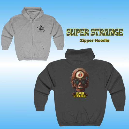 Gray and black zip-up hoodies with 'Super Strange' design on a blue background